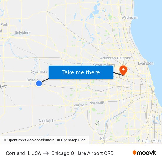 Cortland IL USA to Chicago O Hare Airport ORD map