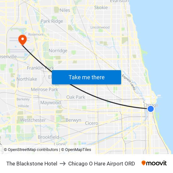 The Blackstone Hotel to Chicago O Hare Airport ORD map