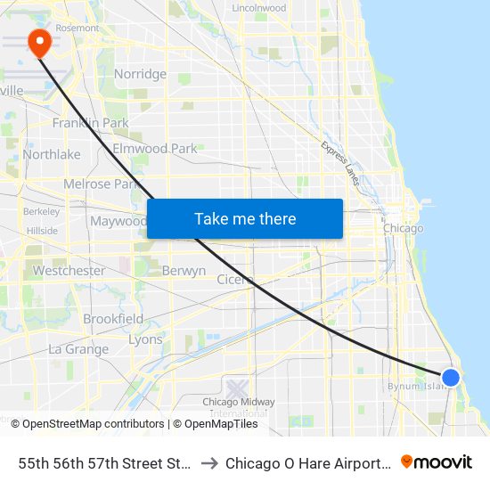 55th 56th 57th Street Station to Chicago O Hare Airport ORD map