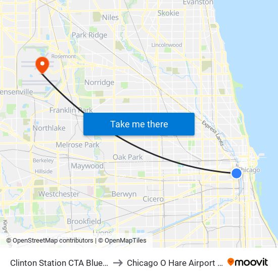 Clinton Station CTA Blue Line to Chicago O Hare Airport ORD map