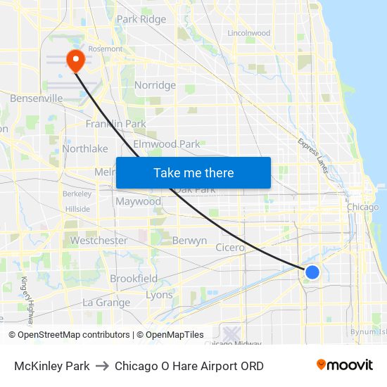 McKinley Park to Chicago O Hare Airport ORD map