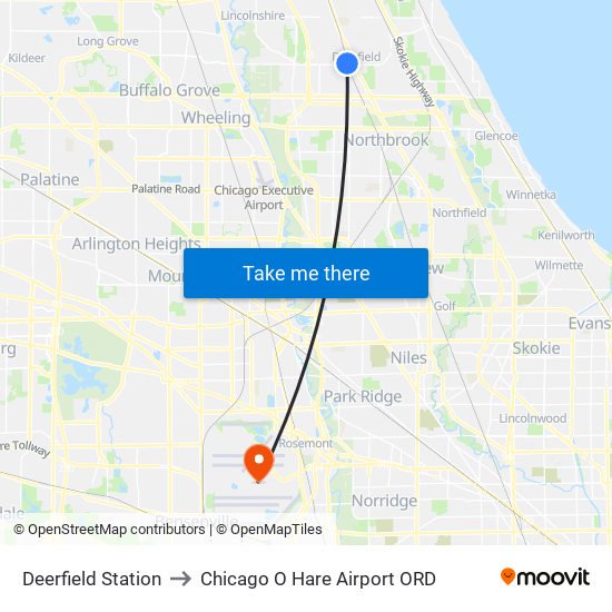 Deerfield Station to Chicago O Hare Airport ORD map