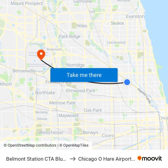 Belmont Station CTA Blue Line to Chicago O Hare Airport ORD map