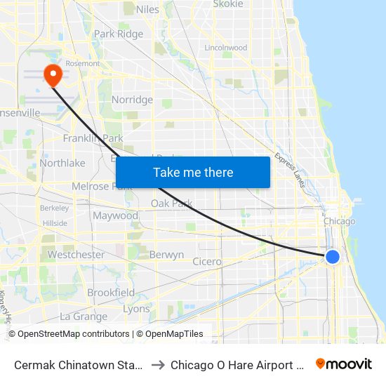 Cermak Chinatown Station to Chicago O Hare Airport ORD map