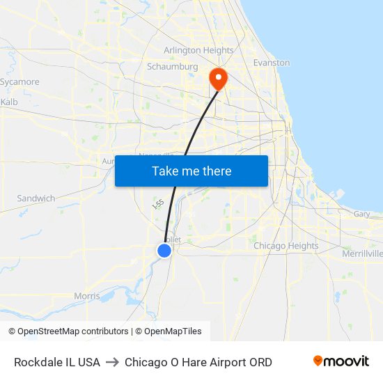 Rockdale IL USA to Chicago O Hare Airport ORD map