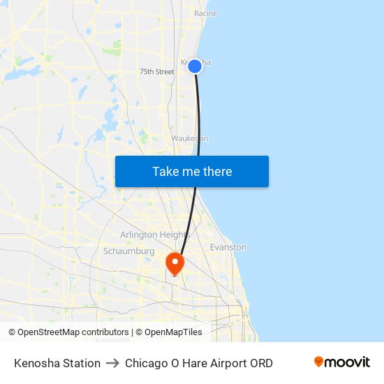 Kenosha Station to Chicago O Hare Airport ORD map