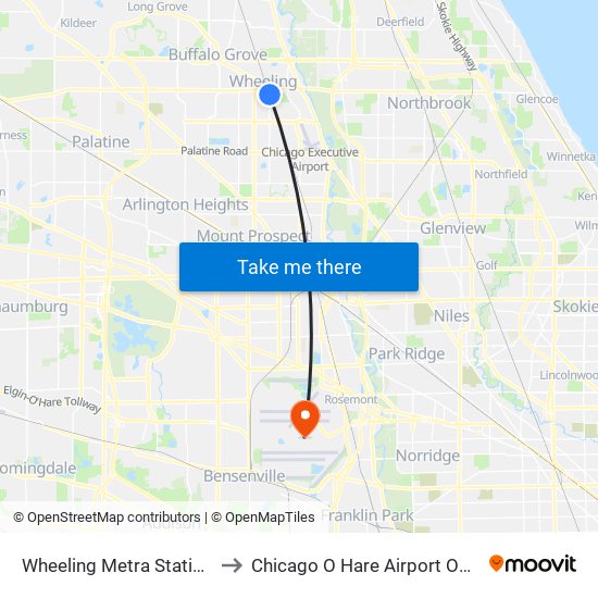 Wheeling Metra Station to Chicago O Hare Airport ORD map