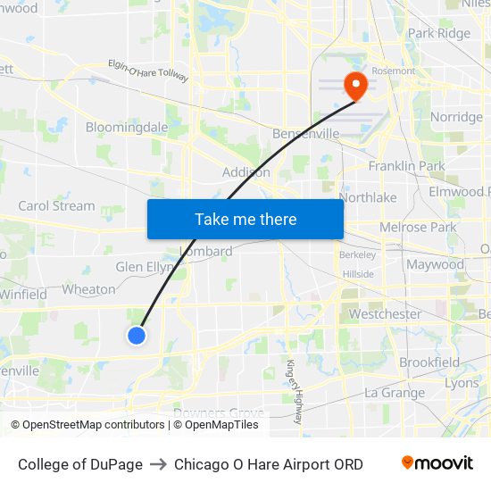 College of DuPage to Chicago O Hare Airport ORD map