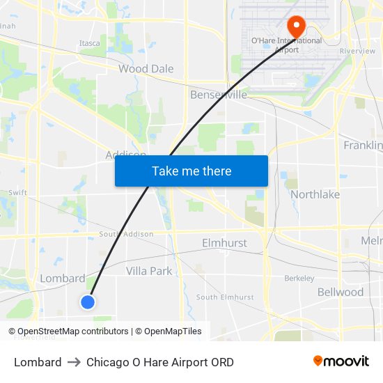 Lombard to Chicago O Hare Airport ORD map