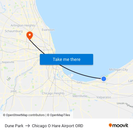 Dune Park to Chicago O Hare Airport ORD map