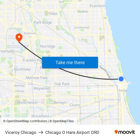 Viceroy Chicago to Chicago O Hare Airport ORD map