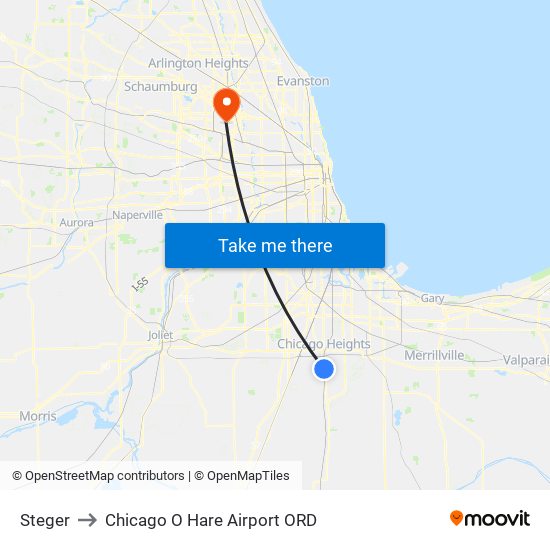 Steger to Chicago O Hare Airport ORD map