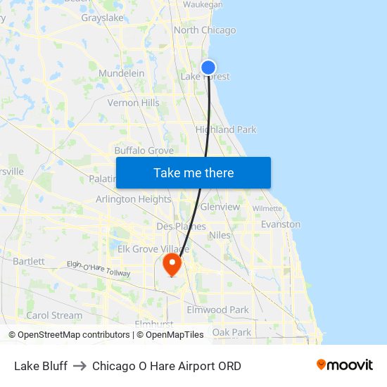 Lake Bluff to Chicago O Hare Airport ORD map