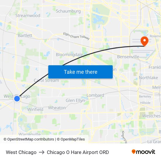 West Chicago to Chicago O Hare Airport ORD map