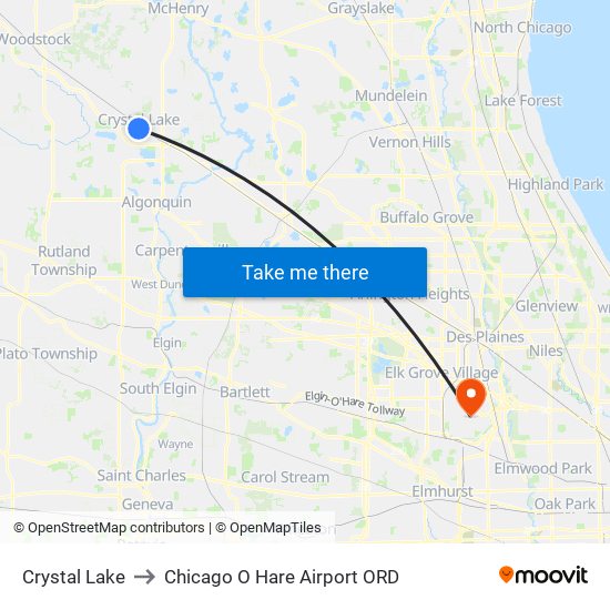 Crystal Lake to Chicago O Hare Airport ORD map