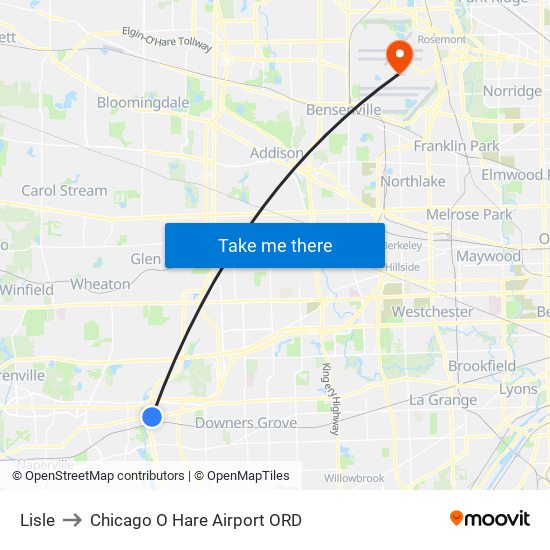 Lisle to Chicago O Hare Airport ORD map
