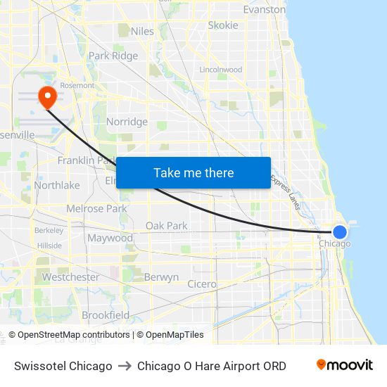 Swissotel Chicago to Chicago O Hare Airport ORD map