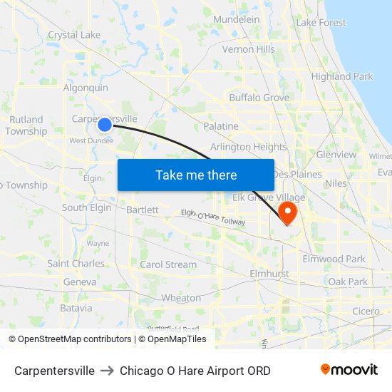 Carpentersville to Chicago O Hare Airport ORD map