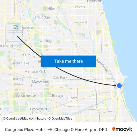 Congress Plaza Hotel to Chicago O Hare Airport ORD map