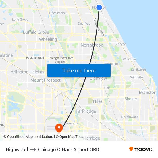 Highwood to Chicago O Hare Airport ORD map