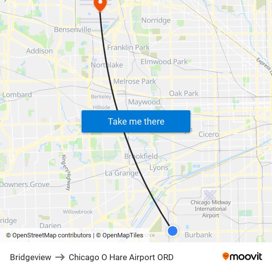 Bridgeview to Chicago O Hare Airport ORD map