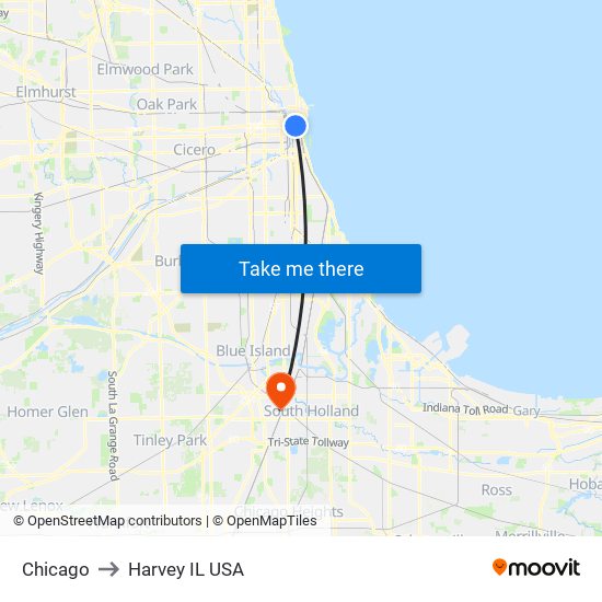 Chicago to Harvey IL USA map