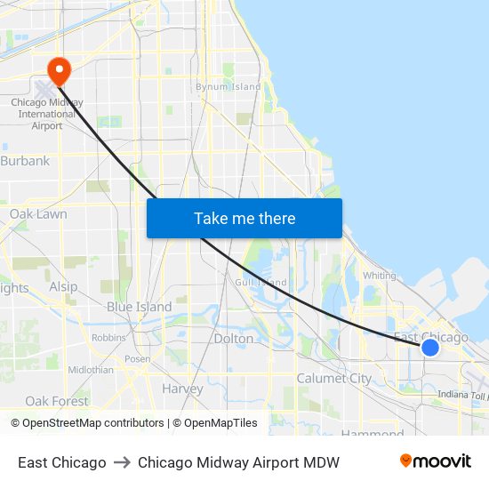 East Chicago to Chicago Midway Airport MDW map