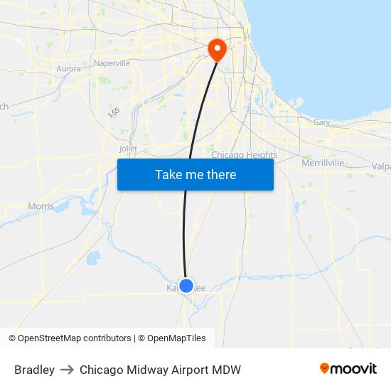 Bradley to Chicago Midway Airport MDW map