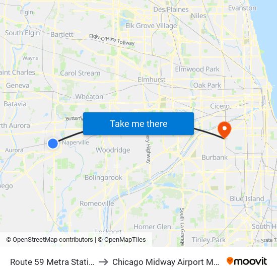 Route 59 Metra Station to Chicago Midway Airport MDW map