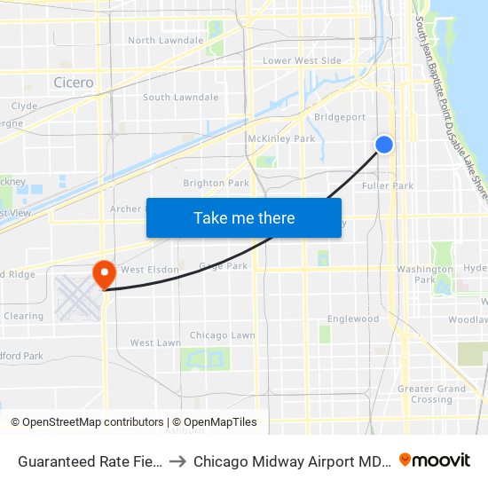 Guaranteed Rate Field to Chicago Midway Airport MDW map