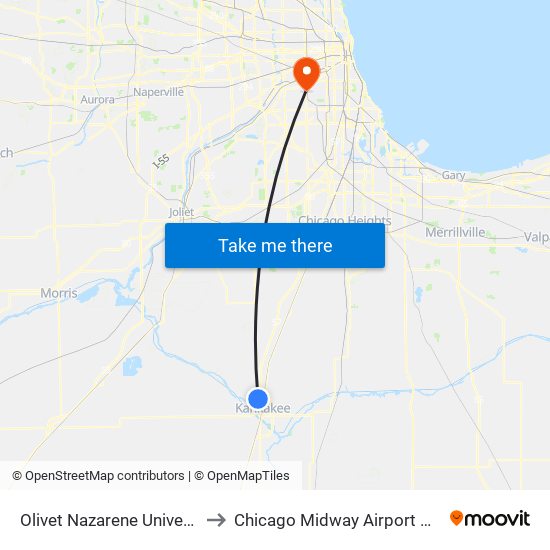 Olivet Nazarene University to Chicago Midway Airport MDW map