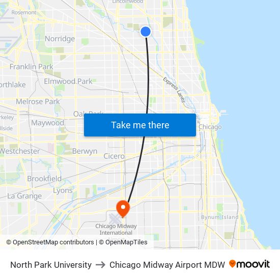 North Park University to Chicago Midway Airport MDW map