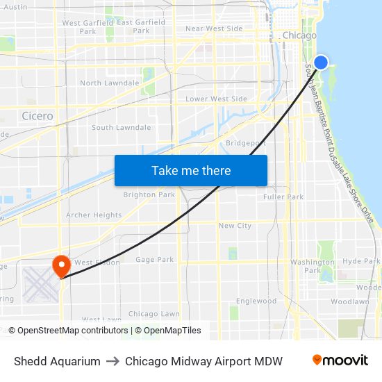 Shedd Aquarium to Chicago Midway Airport MDW map