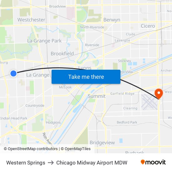 Western Springs to Chicago Midway Airport MDW map