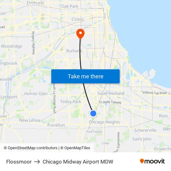 Flossmoor to Chicago Midway Airport MDW map