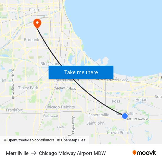 Merrillville to Chicago Midway Airport MDW map