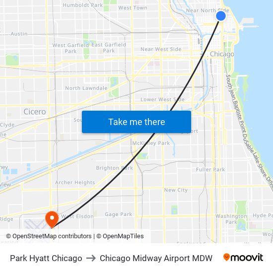 Park Hyatt Chicago to Chicago Midway Airport MDW map