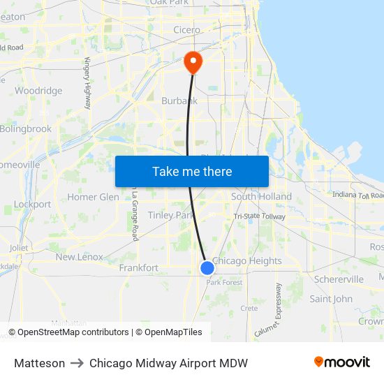 Matteson to Chicago Midway Airport MDW map