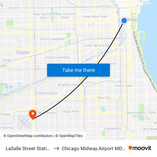 LaSalle Street Station to Chicago Midway Airport MDW map