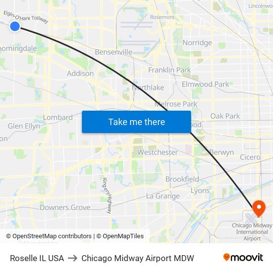 Roselle IL USA to Chicago Midway Airport MDW map