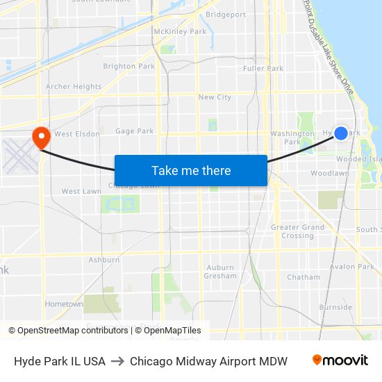 Hyde Park IL USA to Chicago Midway Airport MDW map