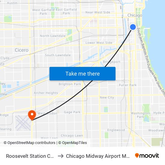 Roosevelt Station CTA to Chicago Midway Airport MDW map
