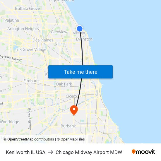 Kenilworth IL USA to Chicago Midway Airport MDW map