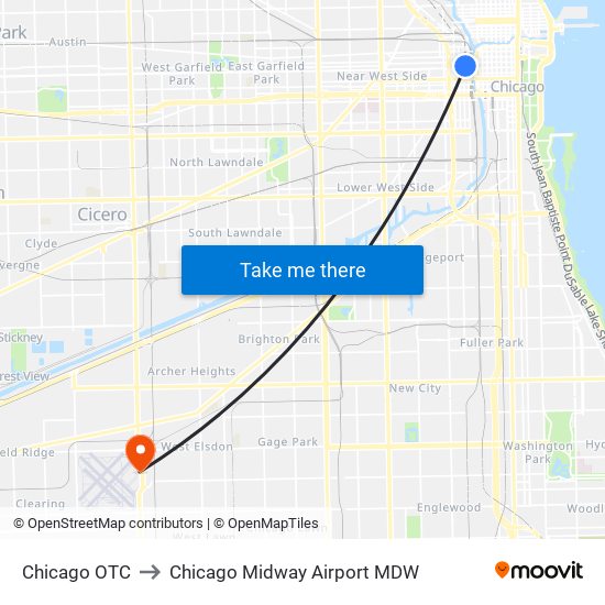 Chicago OTC to Chicago Midway Airport MDW map