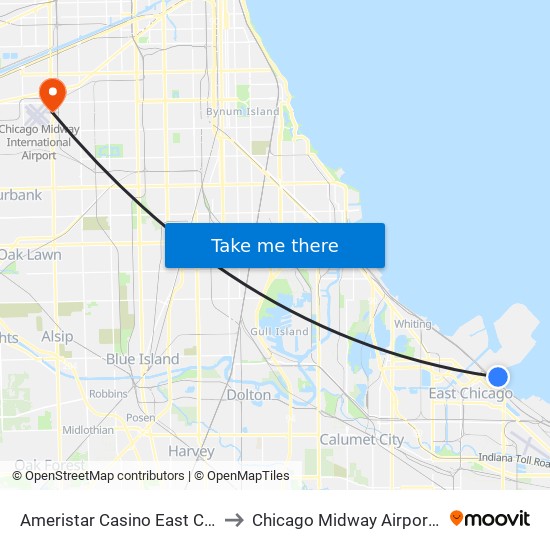 Ameristar Casino East Chicago to Chicago Midway Airport MDW map