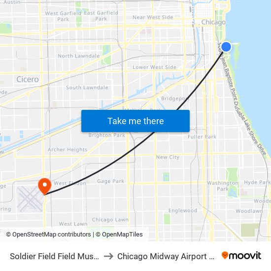 Soldier Field Field Museum to Chicago Midway Airport MDW map