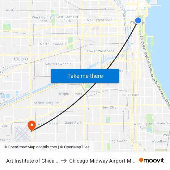 Art Institute of Chicago to Chicago Midway Airport MDW map