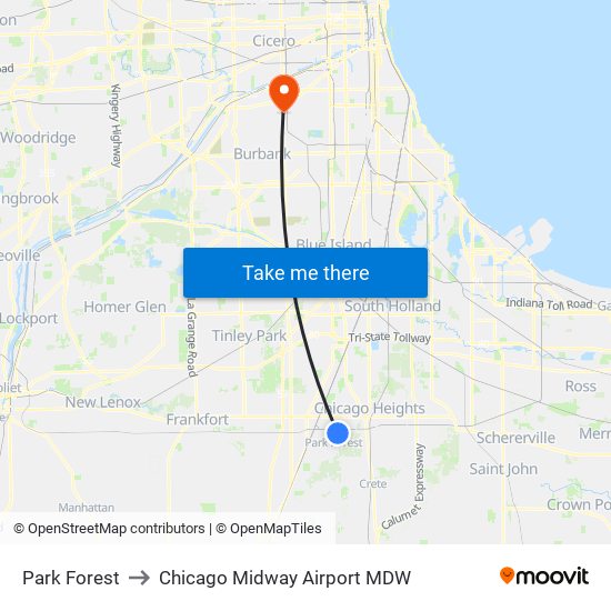 Park Forest to Chicago Midway Airport MDW map