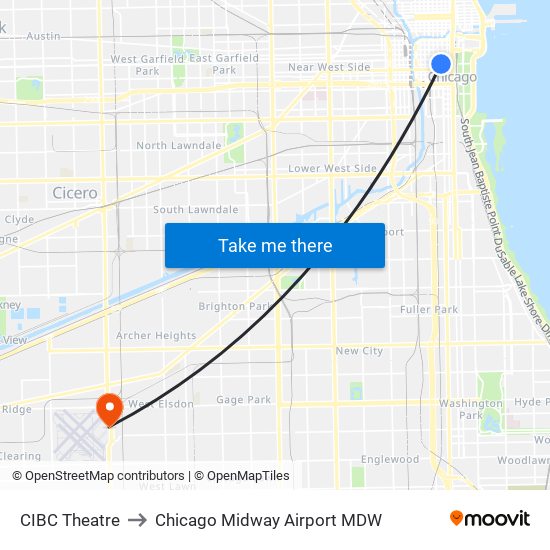 CIBC Theatre to Chicago Midway Airport MDW map
