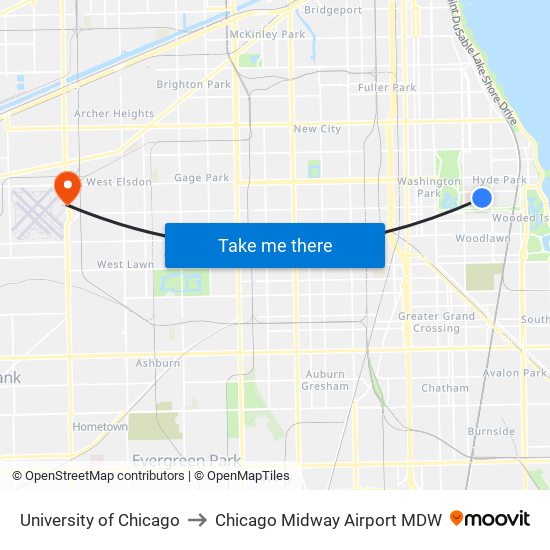 University of Chicago to Chicago Midway Airport MDW map